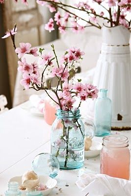 cherry blossoms in mason jar - not huge on the whole mason jar thing but the blue and pink are pretty Spring Centerpieces, Wedding Centerpieces Mason Jars, Tafel Decor, Cherry Blossom Wedding, Spring Centerpiece, Mason Jar Wedding, Wedding Forward, Wedding Table Decorations, Deco Floral