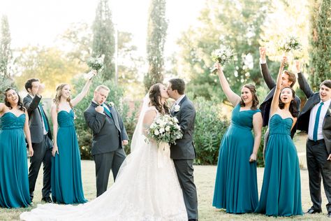 Teal Bridesmaid Dresses With Groomsmen, Mismatched Teal Bridesmaid Dresses, Teal Wedding Party, Mlp Wedding, Black Bridesmaid Dresses Teal Flowers, Braidmaids Dress Teal, Teal Bridal Party, Male Bridal Party, Hillside Wedding