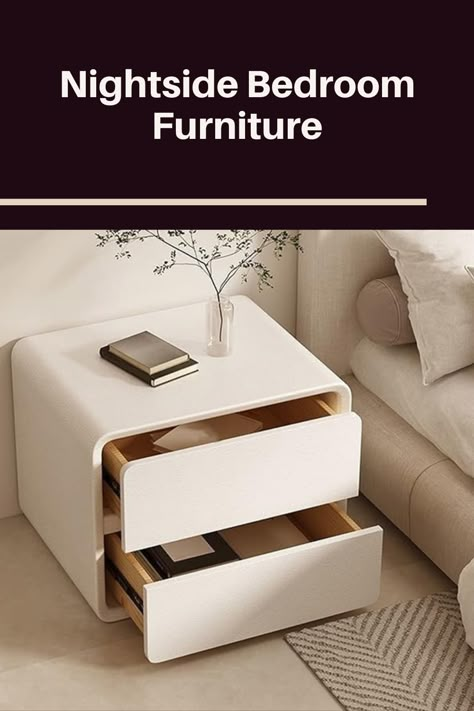 The bedside table with two drawers is modern, available in other finishes but what I like most is the curves, no pointy edges plus it’s water and scratch resistant. Night Tables Ideas, Black Bedroom Furniture Set, Modern Night Stand, Side Table Bedroom, Chic Nightstand, Night Tables, Drawer Side Table, Dressing Room Decor, Bedside Drawers