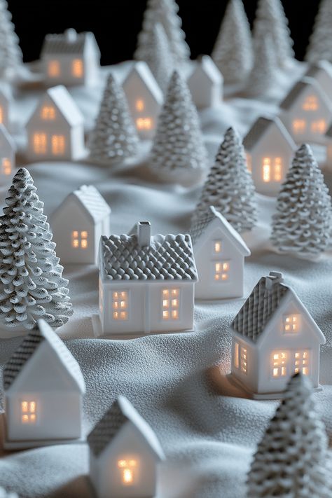 Close-up of a white porcelain Christmas village with glowing windows, surrounded by a snow-covered pine forest on a black Neutral Christmas Decor Ideas, Realistic Photography, Holiday Living Room Decor, Luxury Christmas Decor, Holiday Living Room, Frosted Christmas Tree, Elegant Living Room Decor, Holiday Aesthetic, Neutral Christmas Decor