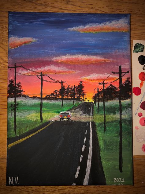 Road Landscape Painting, Road Sunset Painting, Road Painting Easy, Road Painting Ideas, Powerline Painting, Road Canvas Painting, Acrylic Sunset, Nature Paintings Acrylic, Drawing Sunset