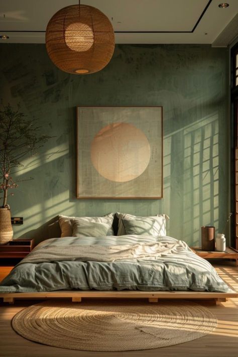 One Wall Green Bedroom, Limewash Green Bedroom, 2 Accent Walls In Bedroom, Green Limewash Bedroom, Green Wall In Bedroom, Bedroom Natural Decor, Cozy Natural Bedroom, Bedroom Green Accent Wall, Green Walls Bedroom