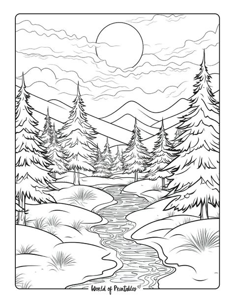 Fantasy Landscape Coloring Pages, Landscape Coloring Pages, Cute Landscape, Colouring Images, Jungle Coloring Pages, Landscapes Mountains, Forest Coloring Pages, Natural Scenes, Beach Coloring Pages