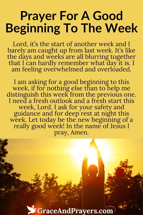 Embrace the promise of a new week with this prayer for a good beginning, asking for God’s guidance to lead you through each day with purpose, peace, and a positive outlook.  Seek clarity for your goals, resilience against obstacles, and a spirit of gratitude for the opportunities and blessings that await.  Welcome the week with optimism and divine support. Read more about this prayer for a good beginning to the week at Grace and Prayers. Blessing For A New Week, Weekend Prayers And Blessings, New Week Prayers And Blessings, New Week Prayer Blessings Quotes, Week Blessings Quotes, Prayer For New Week, Prayer For A New Week, New Week Quotes Inspiration, Blessings For A New Week