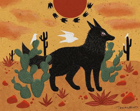 Desert Folk Art, Wolf Folk Art, Animal Folk Art, Desert Cottagecore, Desert Wolf, Cottagecore Illustration, Wolf Christmas, Mexican Wolf, Desert Aesthetic