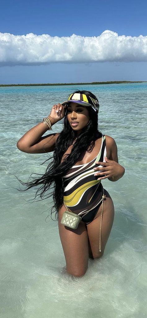 Visor Outfit Black Women, Bucket Hat Swimsuit Outfit Black Women, Emilio Pucci Swimwear, Pucci Swimsuit Black Women, Designer Bathing Suits Black Women, Beach Vacay Outfits Casual, Jamaica Vacay Outfits, Visor Hat Outfit Summer, One Piece Swimsuit Black Women