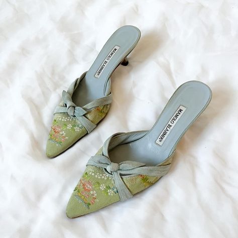 Floral Kitten Heels, Vintage Manolo Blahnik Heels, Designer Kitten Heels, Summer Kitten Heels, Y2k Kitten Heels, Vintage Designer Heels, Dior Kitten Heels, Wedding Kitten Heels, Vintage Spring Aesthetic