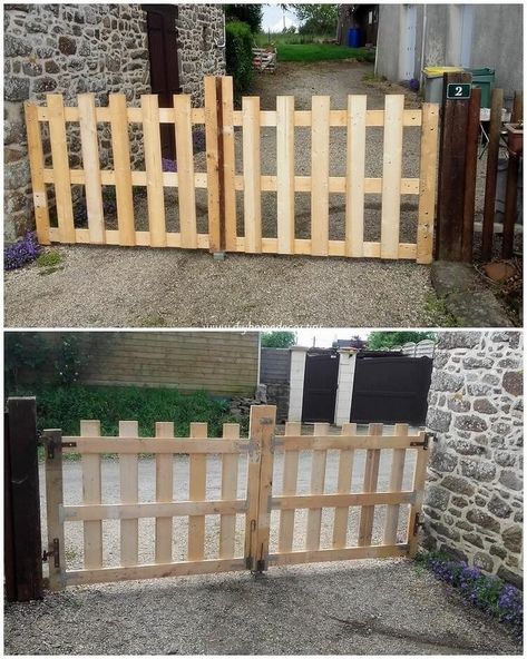 Wood Gate Diy, Pallet Fence Diy, Pallet Gate, Diy Dog Gate, Diy Gate, Wood Pallet Ideas, Wooden Fence Gate, Diy Wood Pallet, Garden Gate Design