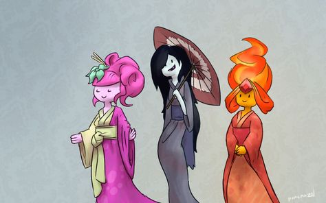 Adventure Time girls in kimonos! Adventure Time Princess Bubblegum, Glitter Lucky, Fire Princess, Adventure Time Princesses, Big Muscle, Marceline And Bubblegum, Adventure Time Girls, Trio Halloween Costumes, Flame Princess