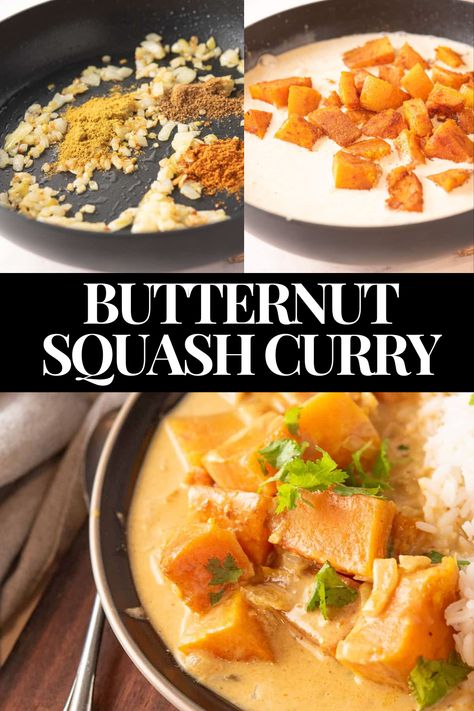 Craving comfort in a bowl? Try this Butternut Squash Curry—easy, flavorful, and perfect for cozy weeknight dinners! What's your favorite ingredient to spice up a curry? 🍛✨ Thai Squash Curry, Butternut Squash Curry Recipes, How To Make Curry, Squash Curry, Carrot Curry, Curry Easy, Butternut Squash Curry, Butternut Squash Cubes, Cut Butternut Squash