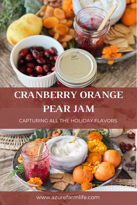 Cranberry Orange Pear Jam - A Celebration Of The Holiday Season - Azure Farm Pear Jelly Recipes, Crystal Jars, Christmas Pear, Canning Pears, Cranberry Pear, Christmas Jam, Cranberry Jam, Pear Jam, Mini Cake Pans