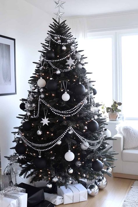 Black Christmas Theme, White Tree With Black Ornaments, Silver And Black Christmas Tree, Celestial Christmas Tree, Black Christmas Tree Decorations Ideas, Black Xmas Tree Decorating Ideas, White And Black Christmas Tree, Black Theme Christmas, Christmas Tree Ideas Black