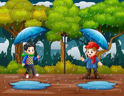 Premium Vector | Children playing under the rain in autumn Rainy Season Photos, Rain In Autumn, Park Illustration, Under The Rain, Children Playing, Two Boys, Rainy Season, Rainy Day, The Rain