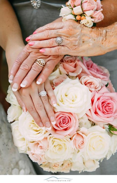 Three generation hand photo with Mom, Grandma and the Bride with her bouquet - wish I had one from my own wedding :) Generation Wedding Ring Photo, Bride And Daughters Wedding Photos, Wedding Generation Pictures, Mom And Bride Pictures Photo Ideas, Wedding Bouquet Pictures, Wedding Photo Ideas Bouquet, Grandmother And Bride Photos, Wedding Day Poses Family, Wedding Pic Ideas Unique