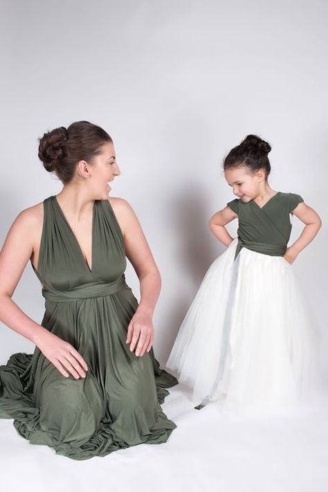 Beautiful matching Olive Green dresses.  #onlywaydress Green Flower Dress, Matching Bridesmaids, Junior Bridesmaids, Multi Way Dress, Olive Green Dresses, Green Dresses, Wedding Team, Bridesmaids Dress, Junior Bridesmaid Dresses