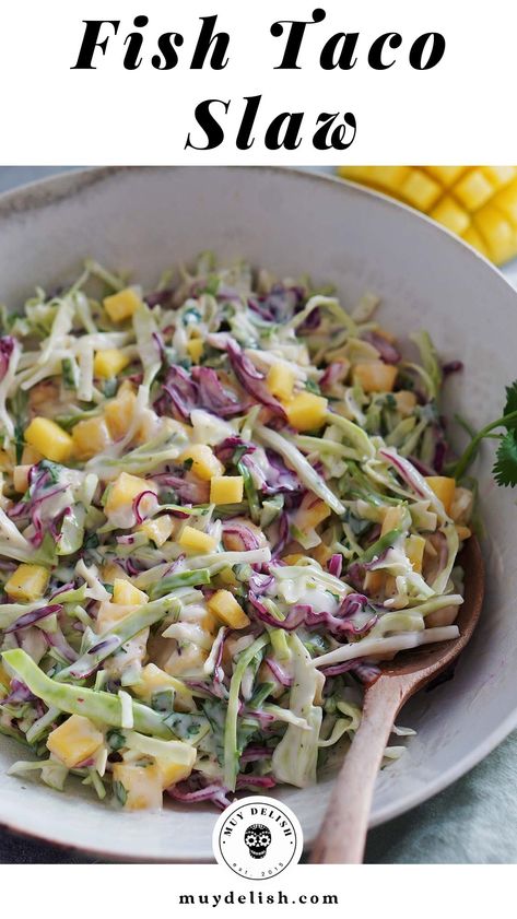 Mango Slaw For Fish Tacos, Fish Taco Slaw Recipe Vinegar, Mango Slaw Fish Tacos, Fish Tacos With Mango Slaw, Fish Sandwich With Coleslaw, Fish Taco Slaw Recipe, Taco Variations, Taco Slaw Recipe, Lettuce Slaw