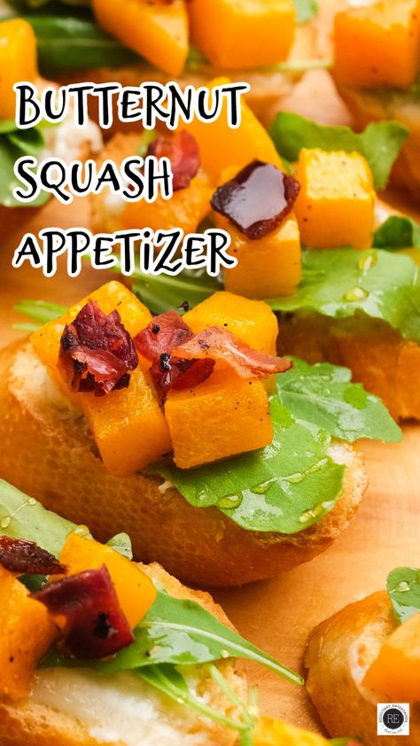 This Butternut Squash Appetizer blends roasted squash, peppery arugula, creamy goat cheese, and bacon for a fresh, delightful fall bite! Outdoor Appetizers, Butternut Squash Appetizer, Squash Appetizer, Cucumber Snacks, Easy Make Ahead Appetizers, Party Food For A Crowd, Creamy Goat Cheese, Blackened Shrimp, Simple Dishes