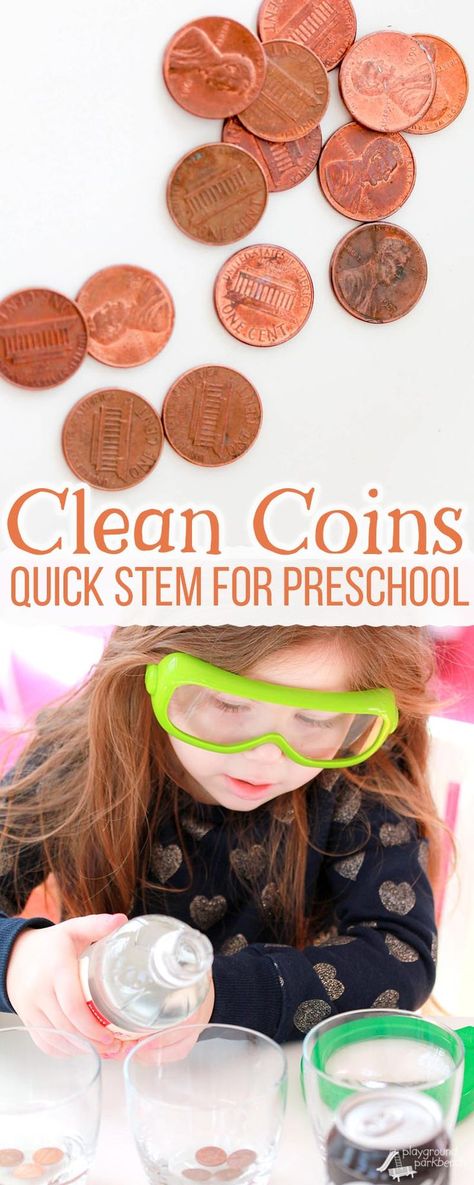 What liquid will clean coins best? A simple science experiment for preschoolers to introduce the scientific method - ask a question, make a guess, test, and review your results. | Preschool | STEM | STEAM | Science Project | Money | Kids Activities | Steam Science Projects, Experiment For Preschoolers, Science Experiments Kids Preschool, Science Experience, Stem Activities Preschool, Preschool Stem, Preschool Science Activities, The Scientific Method, Science Experiments For Preschoolers