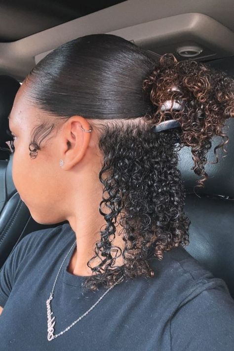 Sleek Curly Half-Up Style With A Claw Clip Short Length Curly Hair, Curly Hairstyles For School, Sleek Hair, Natural Curls Hairstyles, Hairdos For Curly Hair, Girl Tips, Sleek Hairstyles, Curly Hairstyles, Hair Claws & Clips