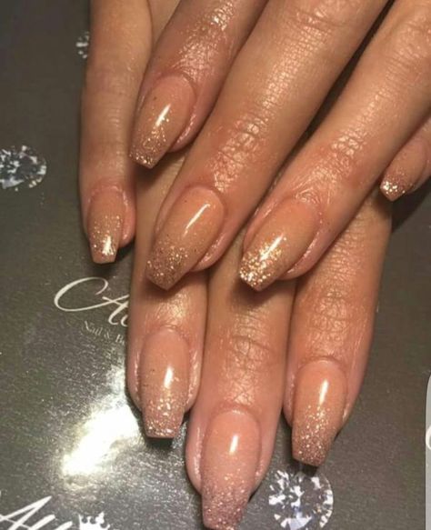 Nude Nails With Glitter Tips, Nude Ombre Nails With Glitter, Claire's Nails, Holiday Nails Glitter, Ombre Chrome Nails, Rose Gold Nails Glitter, Oval Acrylic Nails, Bridal Nails Designs, Engagement Nails