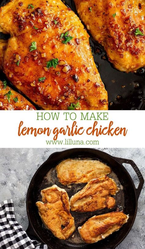 This flavorful lemon garlic chicken is ready in 15 minutes or less! It's a great weeknight chicken dinner. #lemongarlicchicken #garlicchicken #chickendinner #lemonchicken #chicken Longhorn Lemon Garlic Chicken, Parmesan Asparagus Baked, Lemon Garlic Chicken Breast, Weeknight Chicken Dinner, 2024 Meals, Weeknight Chicken, Roasted Vegetables Oven, Favorite Recipes Chicken, Garlic Chicken Recipes