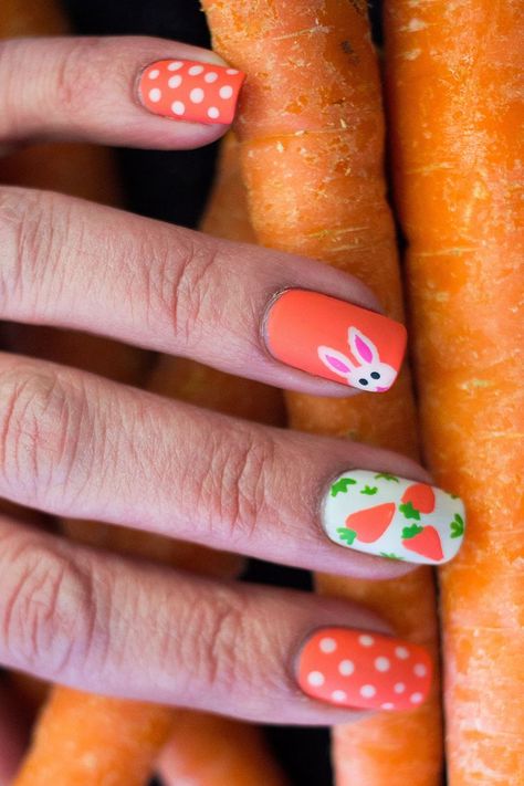 Easter nail art ideas Bunny And Carrot Nails, Easter Carrot Nails, Orange Easter Nails, Carrot Nail Art, Funny Nail Designs, Nail Art Designs Creative, Carrot Nails, Easter Nail Art Ideas, Easter Themed Nails