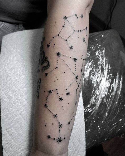 Astrology Half Sleeve Tattoo, Astrology Leg Tattoos, Celestial Filler Tattoo, Constalation Sleeve Tattoo, Astrological Tattoo Sleeve, Astrological Chart Tattoo, Stars And Constellations Tattoo, Celestial Arm Tattoos For Women, Zodiac Sleeve Tattoos For Women