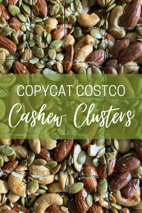 These copycat Coscto cashew clusters are a great, refined sugar free, healthy snack that you and your people will enjoy on the go or lounging around. So good! Costco Cashew Cluster Recipe, Honey Nut Clusters, Almond Pecan Cashew Clusters, Cashew Butter Recipe Snacks, Almond Cashew Clusters, Nut And Seed Clusters, Vegan Nut Recipes, Healthy Nut Clusters, Nut Clusters Healthy