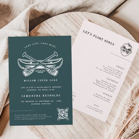 Modern Minimal Lake | Bachelorette Weekend for $2.92 - Bachelorette Invitations Lake Club Bachelorette, Meet The Bride Lakeside, Lake Weekend Bachelorette Party, Lake Theme Bachelorette, Lakehouse Bachelorette Party, Lake Bachelorette Party Theme, Lake Themed Bachelorette Party, Lake Bachelorette Party Ideas, Lake House Bachelorette