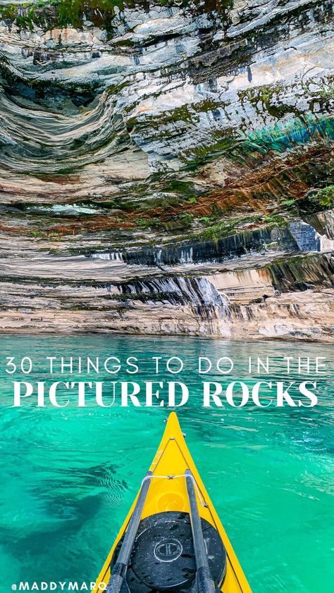 kayaking the caves in the pictured rocks Kayak Pictures, Pictured Rocks Michigan, Michigan Travel Destinations, Pictured Rocks, Michigan Road Trip, Pictured Rocks National Lakeshore, Minnesota Travel, Michigan Vacations, Crystal Cave