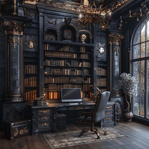 Gothic Librarian, Gothic Study, Sims 4 House Interior, Gentlemans Room, The Last Bookstore, Moody Decor, Man Cave Office, Home Studio Setup, Glam Living