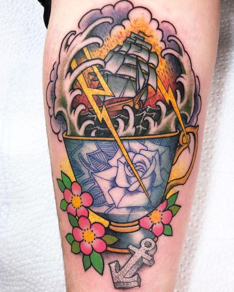 Super duper fun storm in a teacup for this lovely English rose. Swipe to see close ups of the tiny ship/storm and the sugar anchor 😍… Cup Of Ambition Tattoo, Tempest In A Teacup Tattoo, Ambition Tattoo, Teacup Tattoo, Storm In A Teacup, English Roses, Traditional Tattoo, Skull Tattoo, Close Up