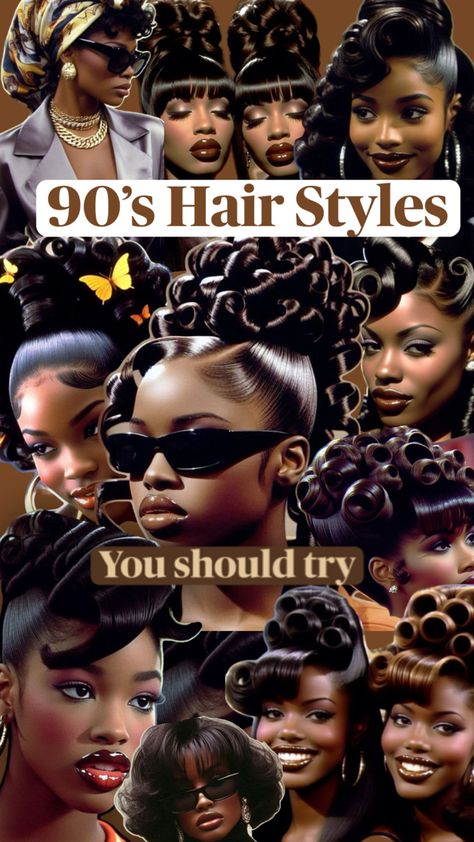 90s updo hair styles, pin curls, bang updo, high ponytail, French roll, baby hairs, 90s hair