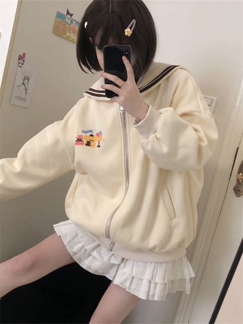 QWEEK Harajuku Kawaii Zip Up Hoodie Women Sailor Collar Japanese Style Cute Sweatshirts Oversize Girly Anime, Zip Up Hoodie Women, Cocktail Beach, Kawaii Sweater, Kawaii Bags, Kawaii Backpack, Hoodie Women, Sailor Collar, Cute Sweatshirts