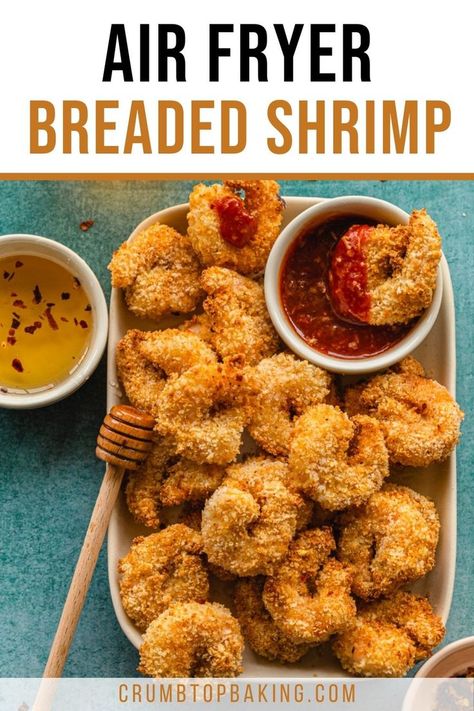 Breaded shrimp on a plate with seafood sauce. Air Fryer Breaded Shrimp Recipes, How To Bread Shrimp, Crispy Shrimp Air Fryer, Fried Shrimp Recipes Easy Air Fryer, Panko Shrimp Air Fryer, Breaded Shrimp Air Fryer, Fried Shrimp Air Fryer, Breaded Shrimp Recipes, Shrimp Recipes Air Fryer