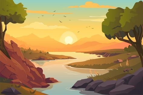 Background River Valley Savanna Illustration, River Background, River Drawing, African Savanna, Tufting Ideas, Yellow River, Colors Art, River Valley, Landscape Illustration