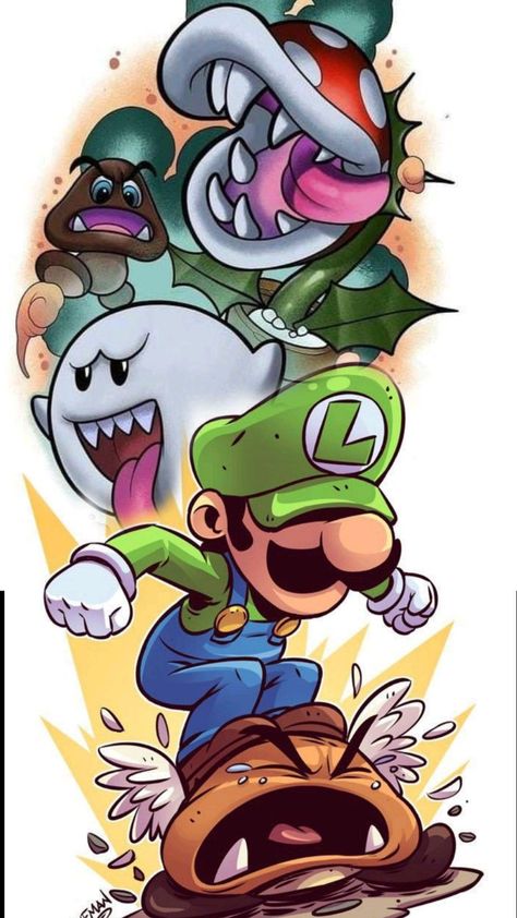 Bowser Art Super Mario, Cool Mario Art, Mario And Luigi Art, Super Mario Tattoo Design, Mario And Luigi Tattoo, Luigi Tattoo, Luigi Drawing, Healer Tattoo, Drawing Mario