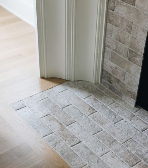 Fireplace Stone Floor, Tile In Front Of Fireplace Hearth, Fireplace Floor Hearth, Fireplace Floor Tile Ideas, Tile Hearth Fireplace, Tiled Fireplace Wall, Tile Around Fireplace, Fireplace Hearth Tiles, White Stone Fireplaces