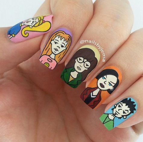 Cute Costumes Ideas, Daria Nails, Halloween Cute Costumes, Winter Nails 2023, Lost Photos, Cartoon Nail Art, Fake Nails Designs, Halloween Press On Nails, Punk Nails