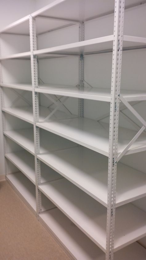 Custom Shelving Solutions PowderCoat White  nut and bolt/clip type shelving  #shelving Small Warehouse Design, Stock Shelves, Storage Room Shelves, Food Storage Rooms, Warehouse Interior, Small Warehouse, Warehouse Design, Shelving Solutions, Custom Shelving