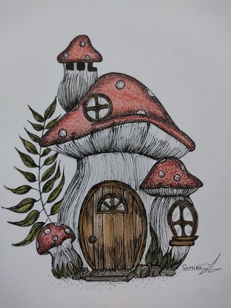 Mushrooms House Drawing, Cool Drawings Colorful, Mushroom Fairy House Painting, Snail House Drawing, Mushroom House Sketch, Mushroom House Painting, Mushroom House Art, Mushroom House Drawing, Fairy House Drawing