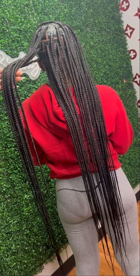 Medium Knotless Braids Thigh Length, Smedium Knotless Box Braids Thigh Length, Large Knee Length Knotless Braids, But Length Braids, Jet Black Knotless Braids, Long Knotless Box Braids With Color, Knowles’s Braids, Medium Knotless Braids Long, Extra Long Knotless Braids