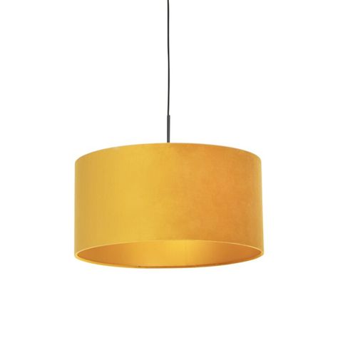 Pendant Lamp Black with 50cm Velvet Ochre Shade - Combi | Lampandlight Modern Pendant Lamps, Jaune Orange, Black Pendant Light, Black Lamps, Modern Pendant, Gold Details, Hanging Lamp, Indoor Lighting, Ceiling Pendant Lights