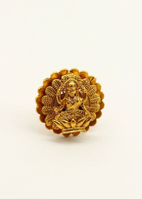 Make a wonderful addition to your jewellery drawer by adding this Temple design finger ring from Sonchafa Jewellery. It is embedded with eye-pleasing Goddess Laxmi design on metal surface. It is wonderfully crafted from highly durable matte gold finish metal. Laxmi Ring Designs, Jewellery Drawer, Goddess Laxmi, Jewellery Pearl, Lakshmi Devi, Gold Finger Rings, Jewelry Drawer, Goddess Jewelry, Gold Chain Design