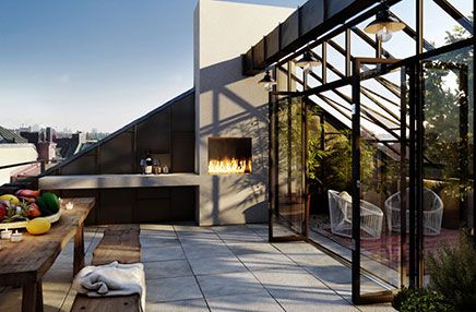 Oscar Properties, Apartment Rooftop, Design Camino, Modern Outdoor Fireplace, Stockholm Apartment, Swedish Apartment, Outdoor Fireplace Designs, Rooftop Patio, Glass Walls