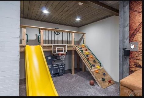 Dream Home Makeover Playroom, Playroom With Jungle Gym, Loft Bed With Rock Climbing Wall, Schoolroom Playroom Combo, Built In Fort Playroom, Play Loft With Slide, Basement Zipline, Indoor Playroom With Slide, Indoor Playground Bedroom