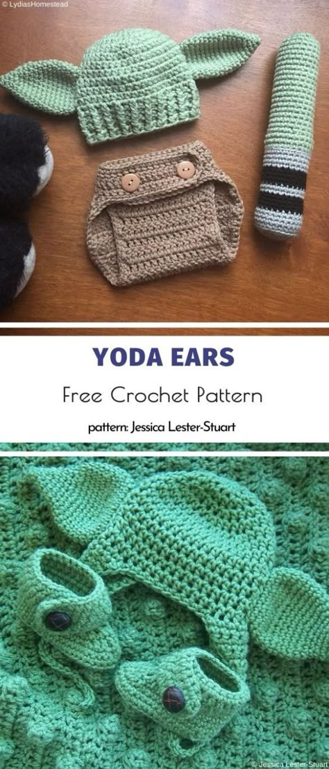 Yoda Inspired Crochet Projects Free Patterns | Your Crochet Star Wars Crochet Patterns Free Baby, Crochet Yoda Ears, Baby Yoda Hat, Yoda Ears, Crochet Earwarmers, Crochet Baby Stuff, Crochet Baby Projects, Star Wars Crochet, Crochet Project Free