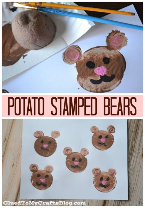 Potato Stamped Bears {Kid Craft} Paint Art Project for Children - 5 Minute Craft DIY Goldilocks And The Three Bears Craft Preschool, Bear Art For Toddlers, Bears Eyfs, Goldilocks Craft, Goldilocks And The Three Bears Art Preschool, Brown Bear Art Activities Preschool, Bear Pre K Craft, Goldilocks And The Three Bears Craft Art, Bear Toddler Craft