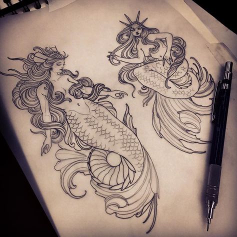 Neo Traditional Mermaid, Traditional Mermaid, Traditional Mermaid Tattoos, Tattoo Mermaid, Red Tattoo Ideas, Siren Tattoo, Red Ink Tattoo, Mermaid Tattoo Designs, Traditional Tattoo Old School