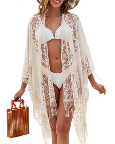 Women's Lace Bikini Coverup Kimono Swimsuit Cover Up with Fringe, Loose Fit, Creamy White Classy Swimsuit, Coverups Beach, Lace Bathing Suit, Swimsuit Coverups, Sheer Swimsuit, Cardigan Kimono, Fringe Kimono, Coverup Beach, Lace Kimono